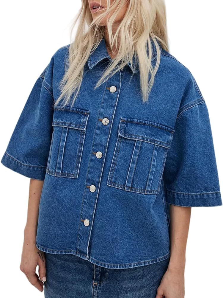 Kedera Womens Button Down Denim Shirts Casual Shirt Casual Collared Short Sleeve Western Pocket C... | Amazon (US)