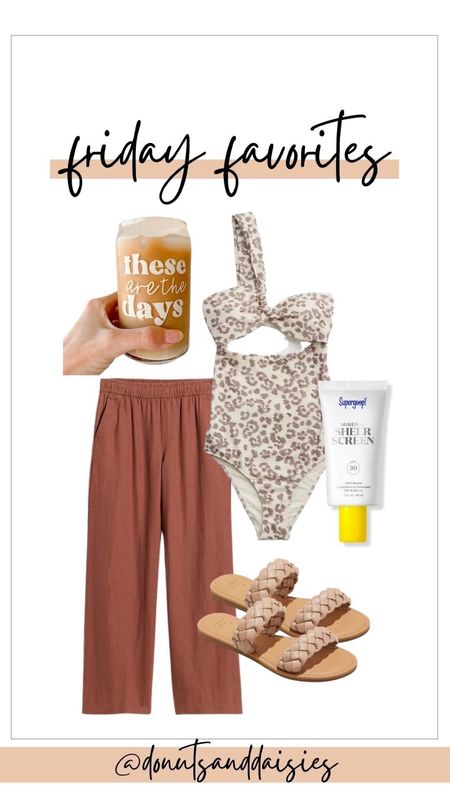 Here are my Friday favorites! Love the one shoulder swimsuit and linen blend wide leg pants. Supergoop is perfect for everyday wear and so are these braided sandals! Don't forget my beer can glass great for iced coffee! 

#LTKSeasonal #LTKstyletip #LTKFind