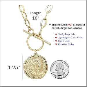 POMINA Chunky Gold Coin Necklace Trendy Fashion Statement Toggle Necklace Antique Gold Pendant Th... | Amazon (US)