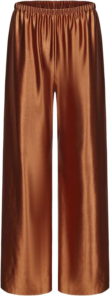 Women Satin Wide Leg Dress Pants Silk Casual Dressy Long Flowy Pants Elastic High Waisted Trousers | Amazon (US)