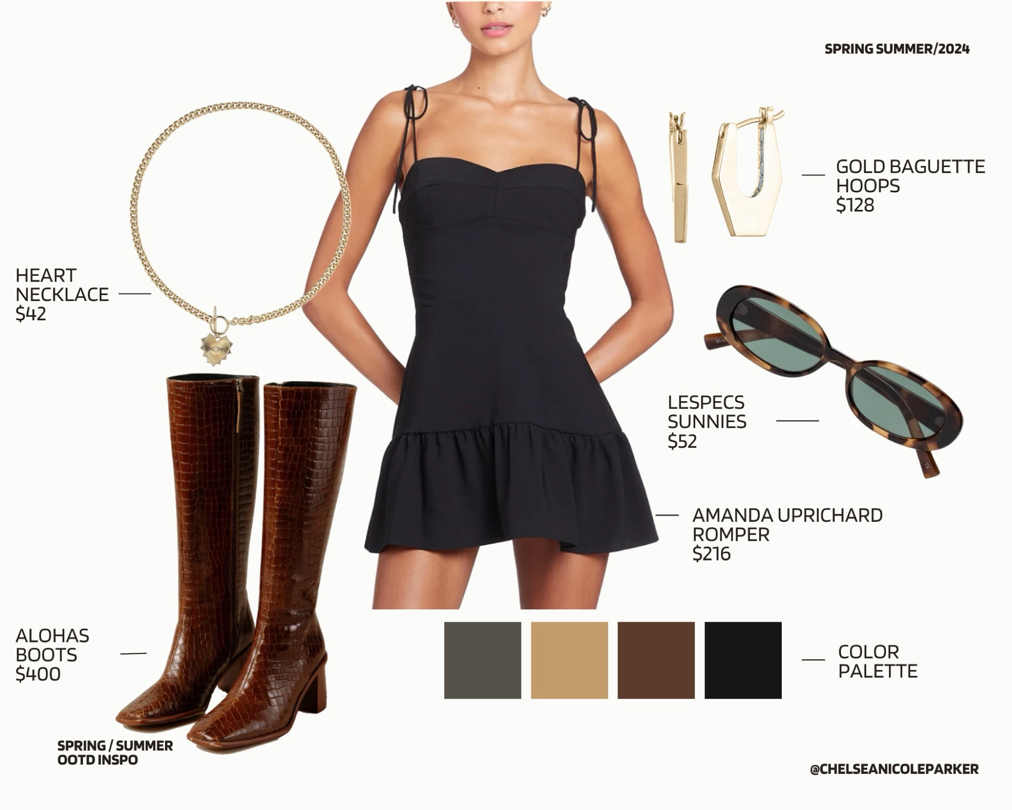 Amanda Uprichard Black Mini Dress Romper + Gold Baguette Hoop Earrings + Gold Heart Chain Necklace + Le Specs Sunglasses + Alohas Brown Croc Embossed Knee High Heeled Square Toe Boots - Spring Date Night / Concert Outfit / Festival Outfit / Day Party 

#LTKfindsunder100 #LTKfindsunder50 #LTKsalealert