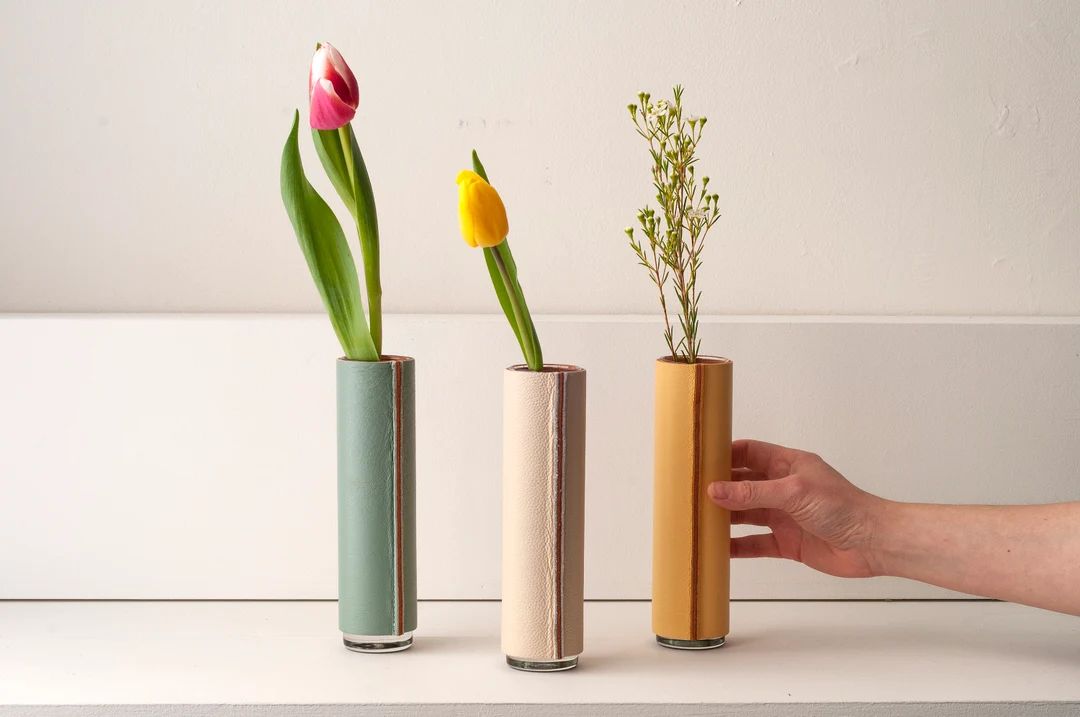 Single Stem Small Vase Leather Wrapped Flower Bud Vase Slim Minimalist Decorative 3rd Anniversary... | Etsy (US)