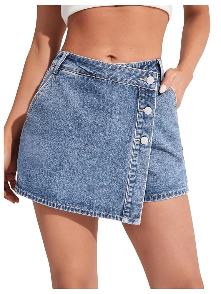 WDIRARA Women's High Waisted Button Front Denim Skort Asymmetrical Hem Skirt Shorts | Amazon (US)