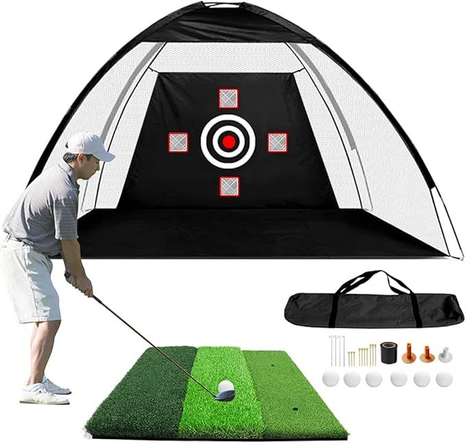 Golf Practice Net Set - 10 x 7ft Golf Hitting Training Aids Nets with Target, 25" x 25" Turf Gras... | Amazon (US)