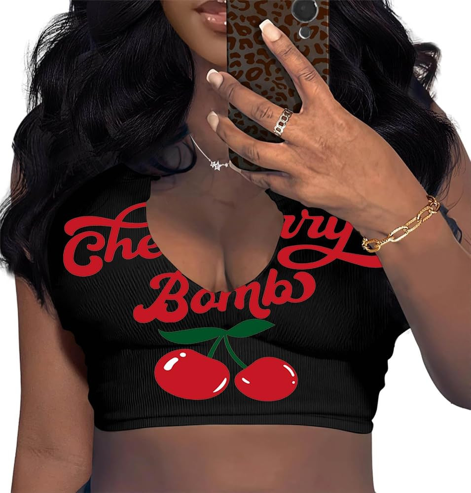 LovelyWholesale Sexy Crop Top for Women Graphic Tees V Neck Ribbed Tank Top | Amazon (US)