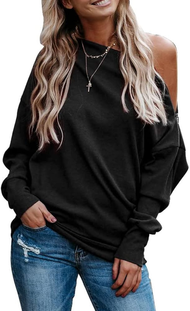 Women's Off The Shoulder Batwing Long Sleeve Sweatshirt Casual Loose Pullover Tops | Amazon (US)