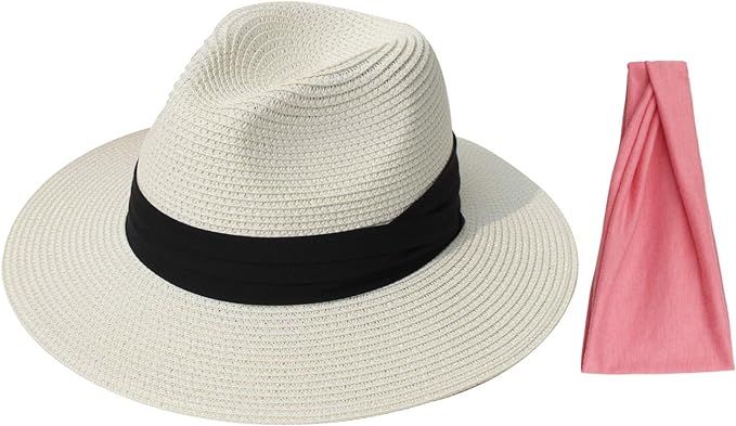 DRESHOW Women Straw Panama Hat Felt Fedora Beach Sun Hat Vintage Headband Wide Brim Straw Roll up... | Amazon (US)