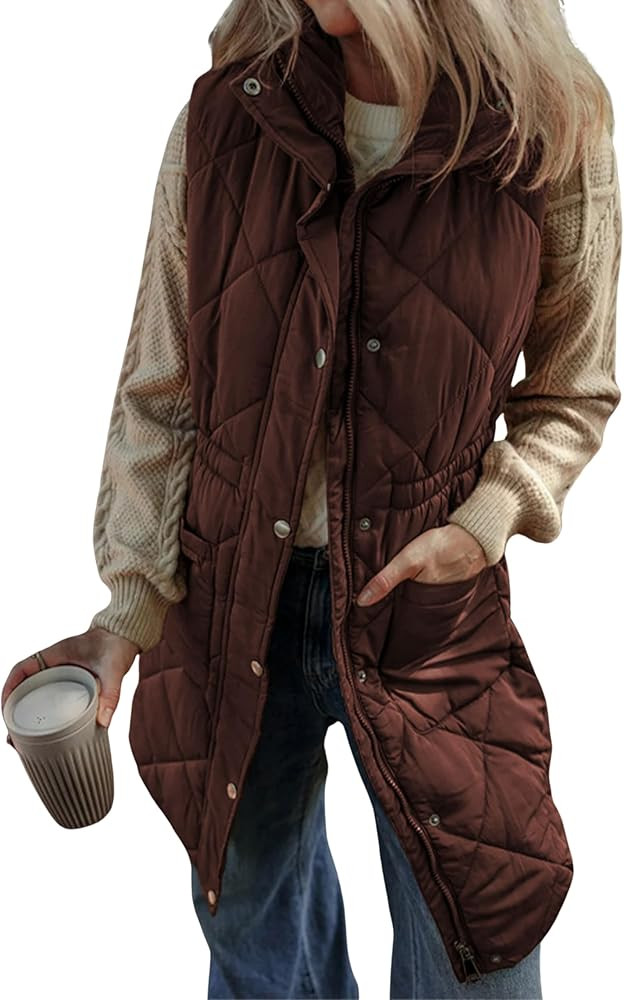 Athlisan Womens Long Puffer Vest Sleeveless Zip Up Stand Collar Padded Gilet Coat with Pockets | Amazon (US)