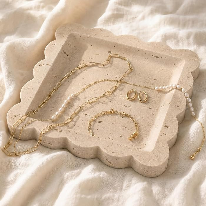 Decorative Scalloped Tray - Beautiful Travertine Stone Inspired 8"x8" Vanity Tray for Jewelry, Pe... | Amazon (US)