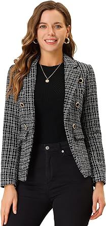 Allegra K Women's Elegant Plaid Jacket Long Sleeve Open Front Tweed Blazer | Amazon (US)