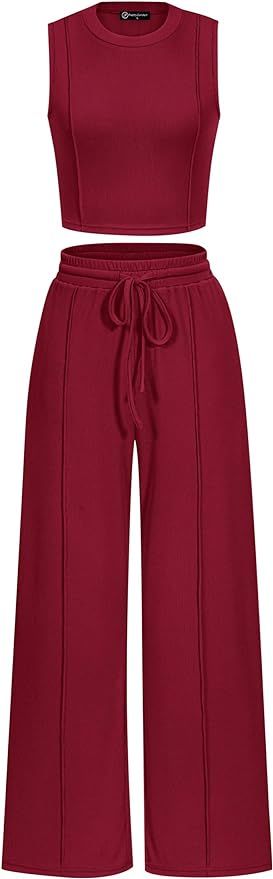 PRETTYGARDEN Women's Summer 2 Piece Loungewear Set Cropped Tank Top Wide Leg Sweatpants Tracksuit... | Amazon (US)