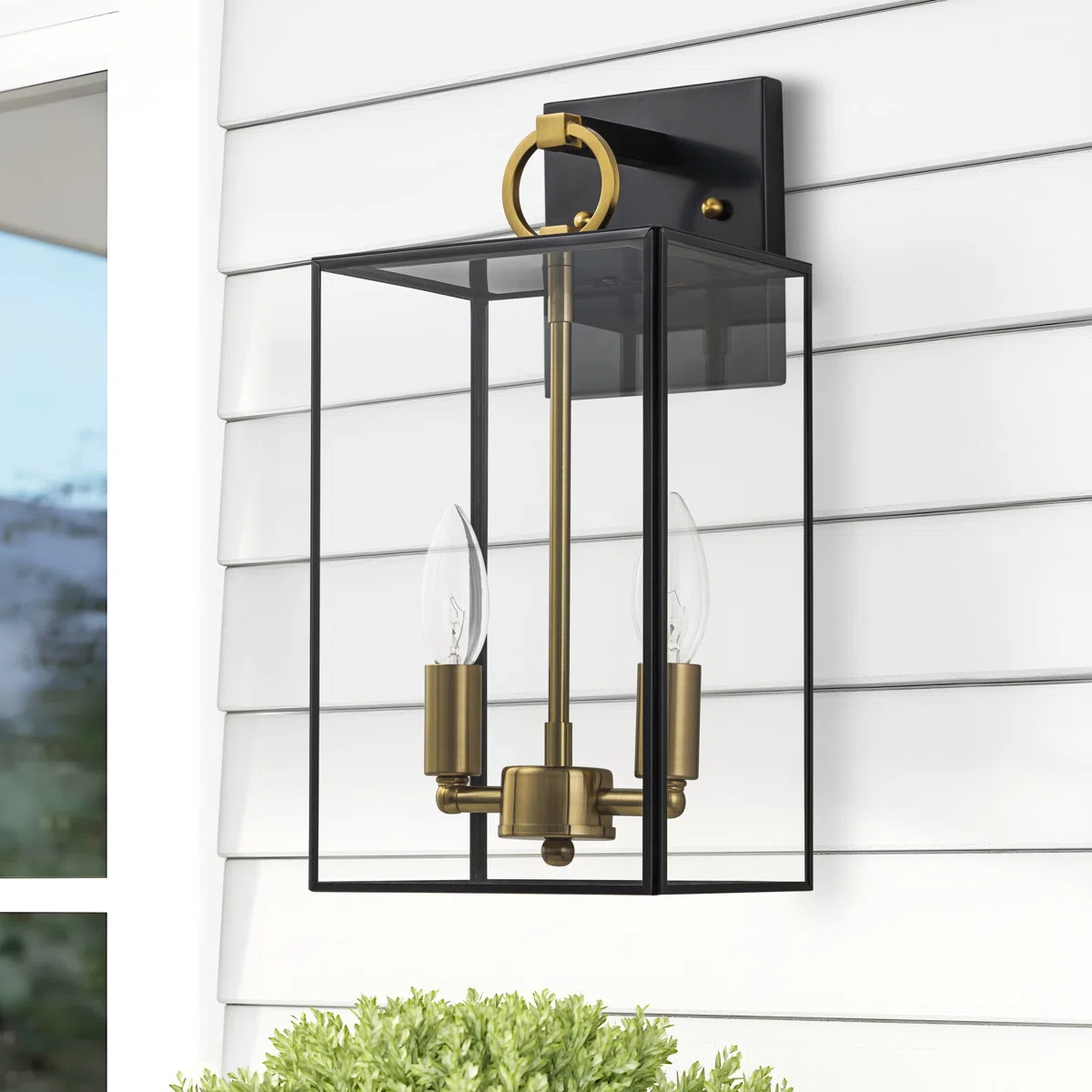 2-light Black+brass Outdoor Wall Lantern With E12 Base Socket And Clear Tempered Glass Shade | Wayfair North America