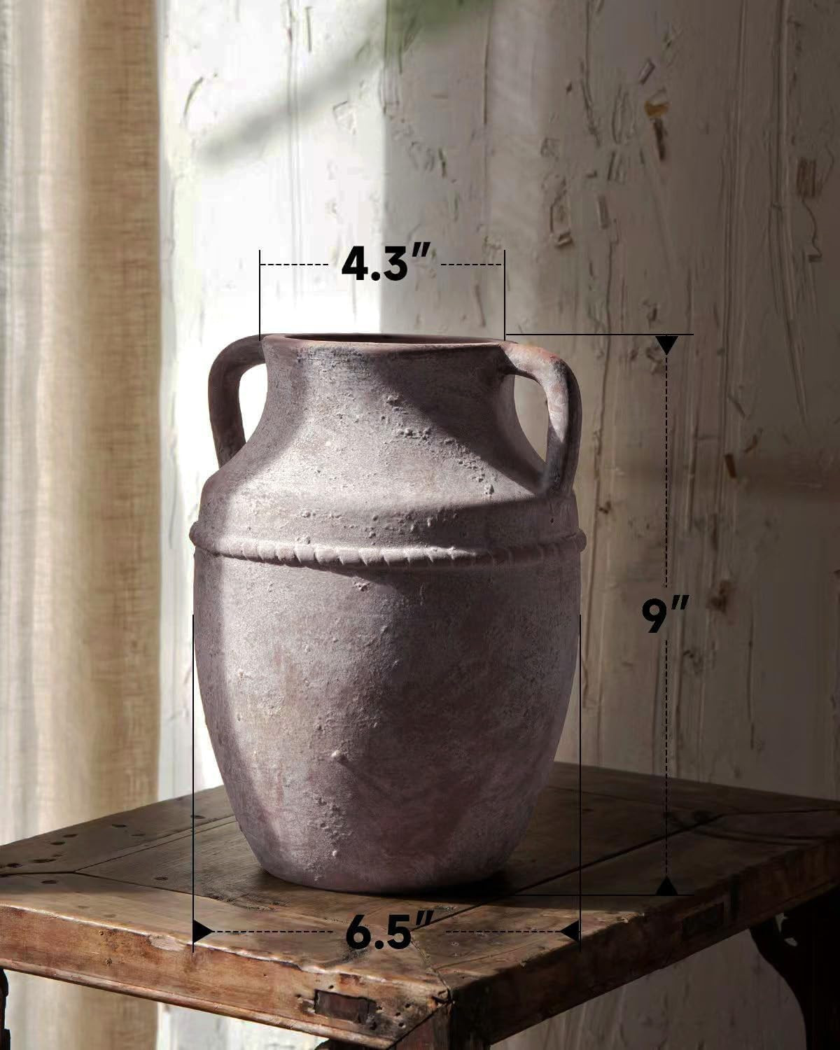 Ceramic Flower Vase Home Decor - 9 inch Farmhouse Rustic Vases, Vintage Pottery with Handles for ... | Amazon (US)