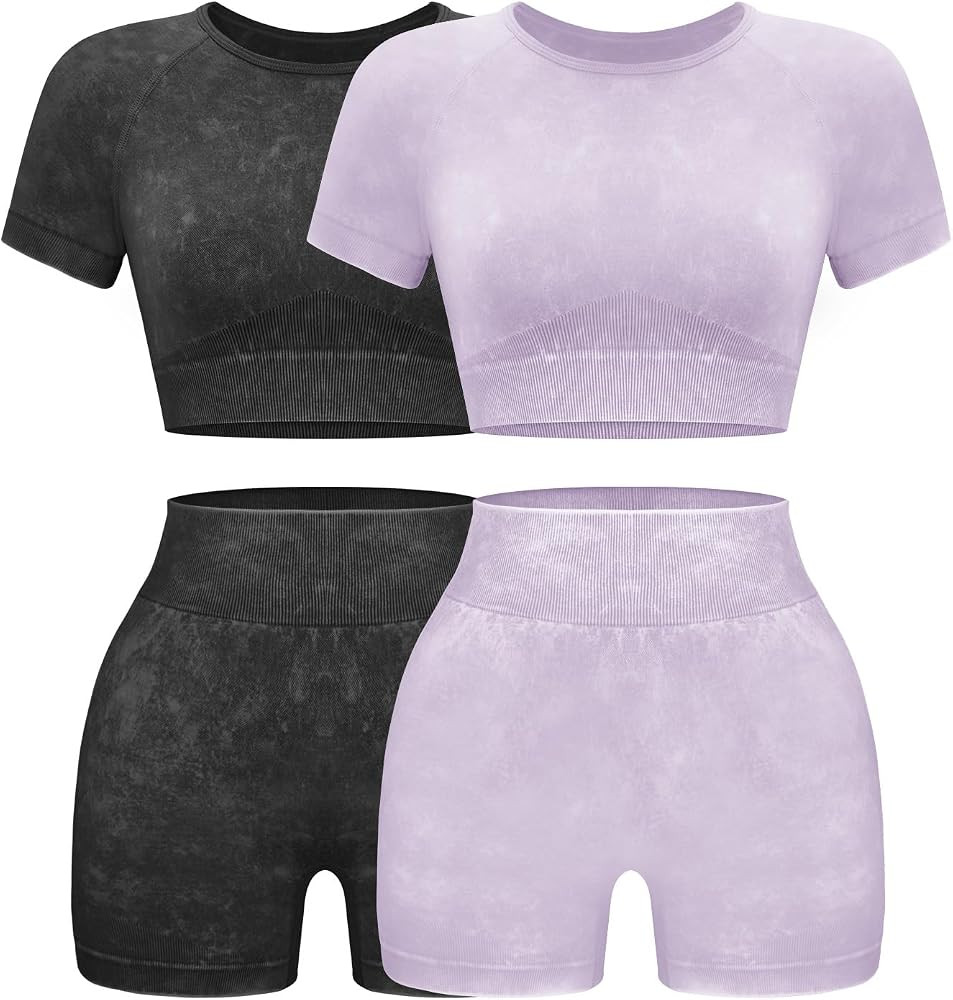 Womens Workout Sets 2 Piece - Seamless Acid Wash Yoga Outfits Shorts and Crop Top Matching Gym At... | Amazon (US)