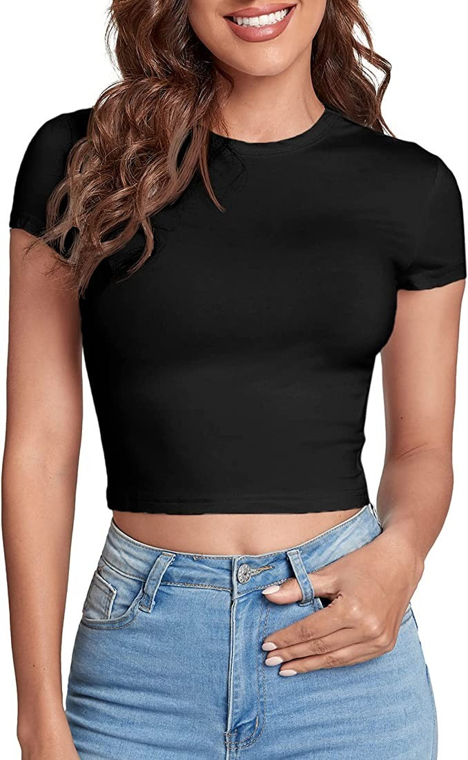 Verdusa Women's Casual Basic Cap Sleeve Slim Fitted Round Neck Crop Tee Top | Amazon (US)
