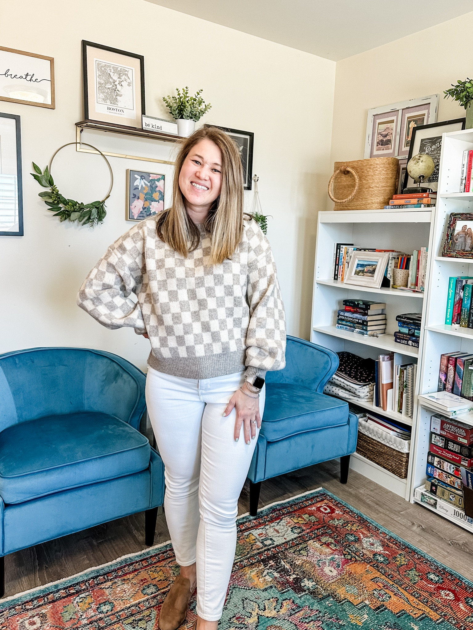 Thanksgiving outfit idea - oatmeal checkered sweater and high rise white jeans with booties! 

#LTKfindsunder50 #LTKSeasonal #LTKfindsunder100