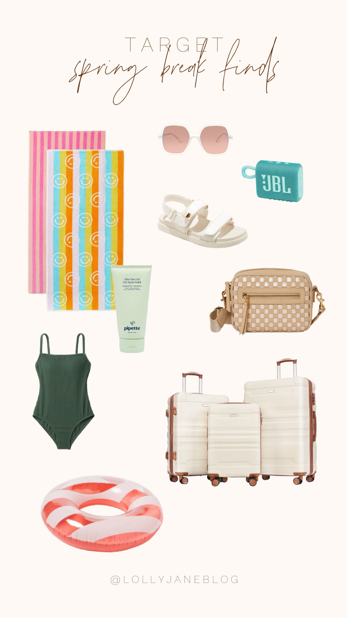 Target Spring break finds and favs! 🫶🏻

Target has our hearts with these adorable finds. I am loving the color of this luggage set, especially with the checkered travel bag! These beach towels are such a fun vibe to bring to spring break, and how adorable and classic is this cute one piece?! Some classic sandals are always so fun to wear, along with some nice and big sunnies! A speaker and a floaty of course to bring on vacay would be a blast! Happy spring break season! 💐💕

#LTKtravel #LTKSeasonal #LTKfamily