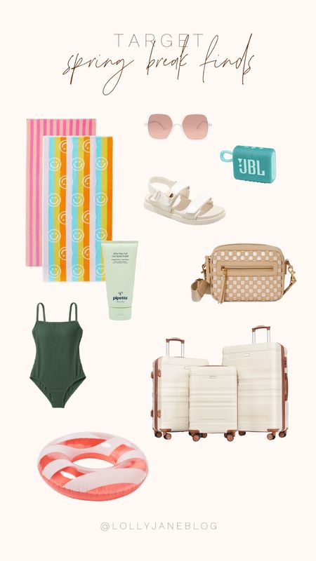 Target Spring break finds and favs! 🫶🏻

Target has our hearts with these adorable finds. I am loving the color of this luggage set, especially with the checkered travel bag! These beach towels are such a fun vibe to bring to spring break, and how adorable and classic is this cute one piece?! Some classic sandals are always so fun to wear, along with some nice and big sunnies! A speaker and a floaty of course to bring on vacay would be a blast! Happy spring break season! 💐💕

#LTKtravel #LTKSeasonal #LTKfamily