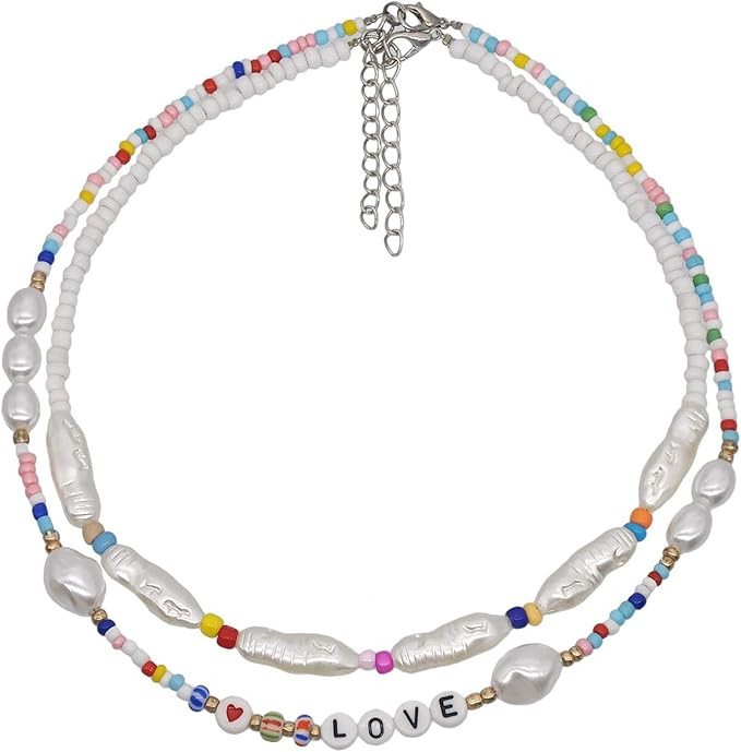 Colorful Seed Beaded Summer Beach Necklace Faux Pearl Beaded Choker Neckalce Dainty Heart Shape L... | Amazon (US)