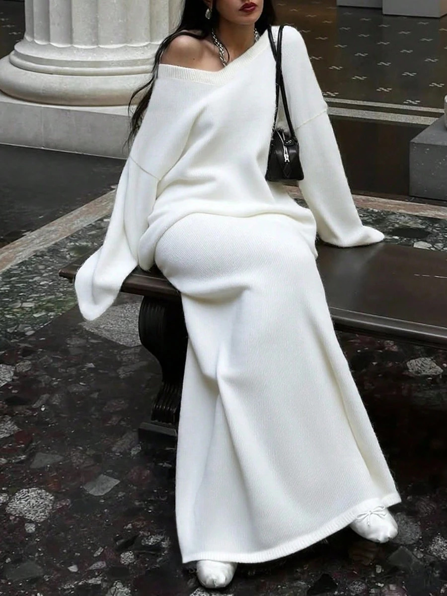 Women's Elegant Knitted Sweater Set, Loose Pullover And Solid Color A-Line Skirt 2-Piece Outfit, ... | SHEIN