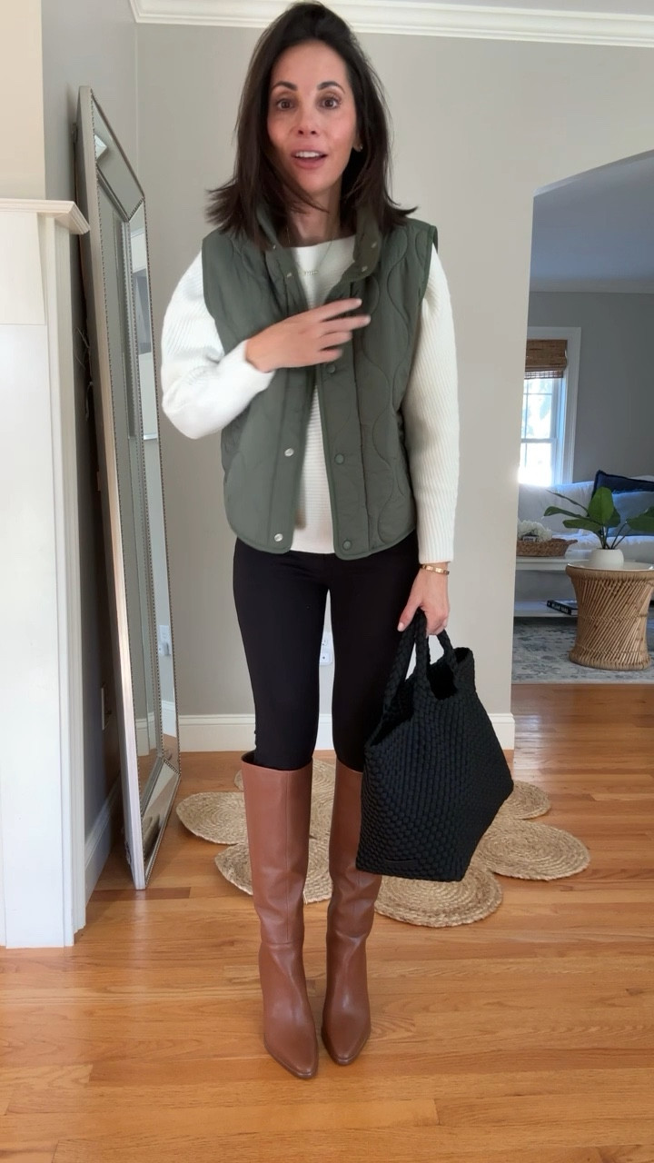 Quintessential New England fall outfit. 
Sizing-
Xxs in sweater
Xxs in vest
Xs in leggings
Boots tts- use code: COCO20


#LTKbeauty #LTKshoecrush #LTKSeasonal