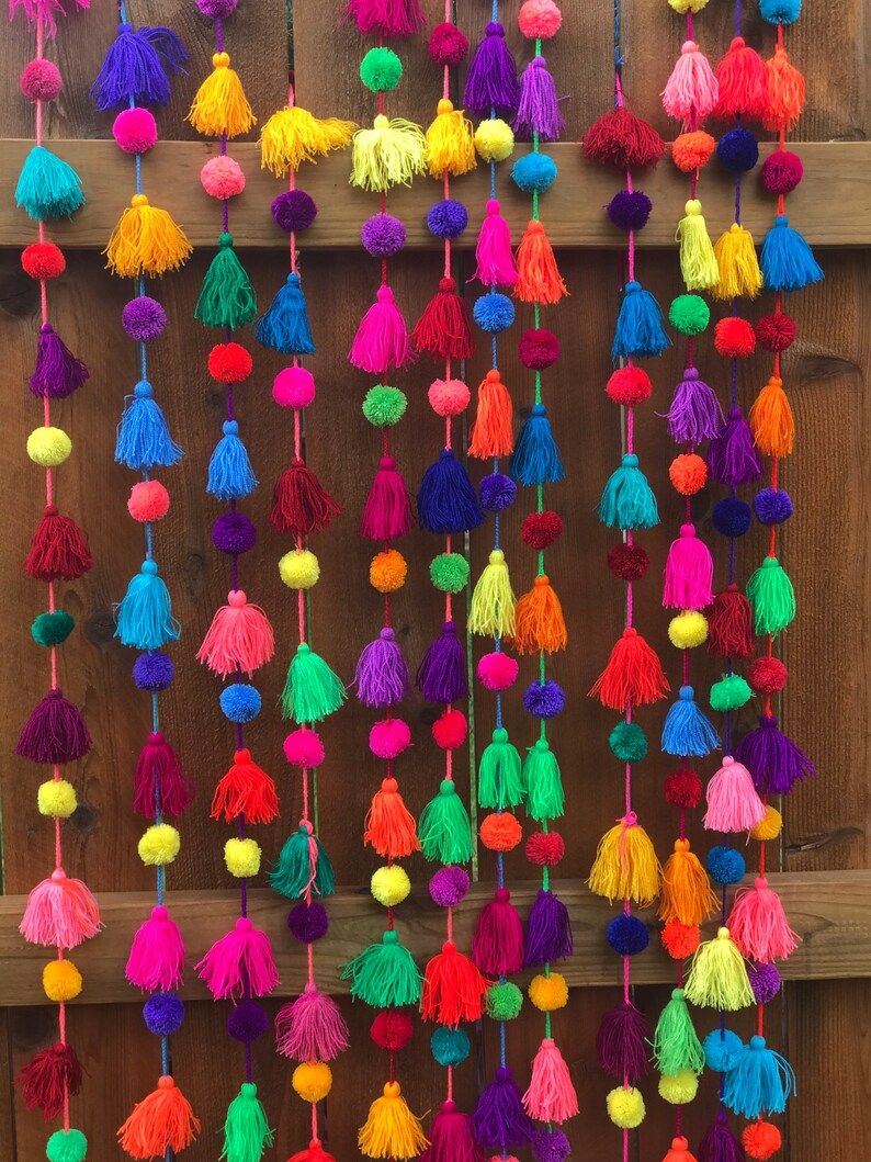 Mexican Pompoms/ Multi colored pompom garlands/ Mexican fiesta decor/Wall decorations/ Tassels/ W... | Etsy (US)