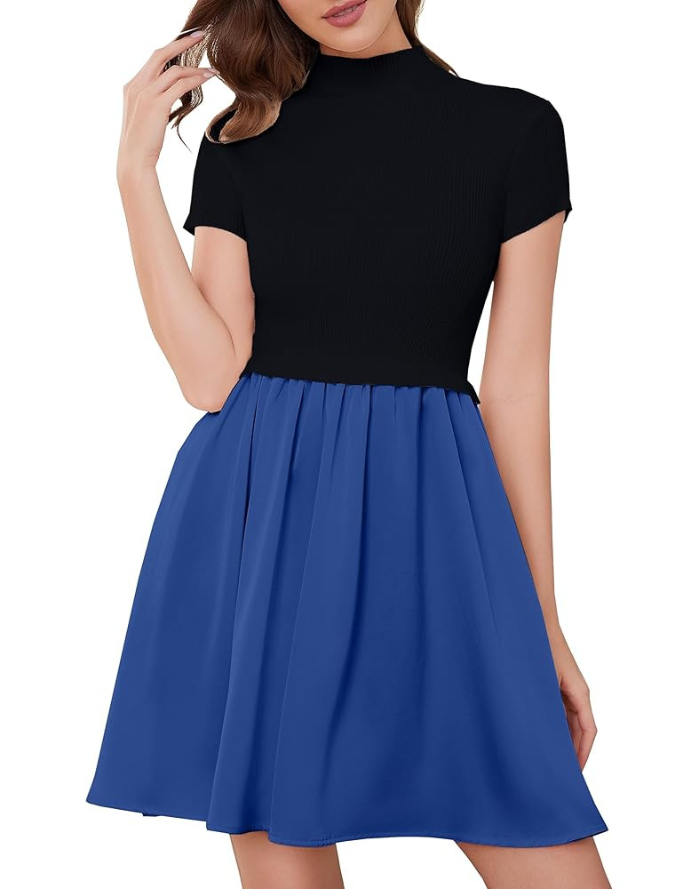 OLAPTA Women Mock Neck Patchwork Pleated Sweater Dress Short Sleeve Swing Knitted Solid Slim Fit ... | Amazon (US)