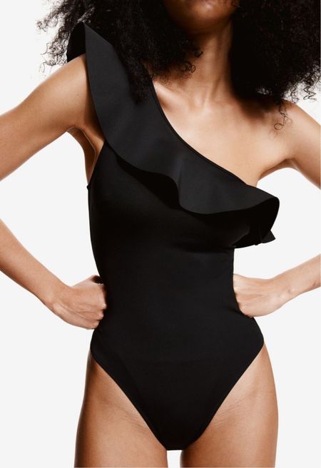 Ruffle one shoulder black one piece swimsuit 

#LTKswim #LTKstyletip #LTKfindsunder50
