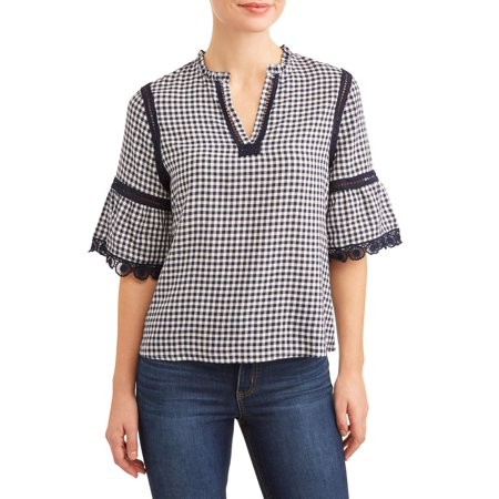 Women's Gingham Ruffle Sleeve Top | Walmart (US)