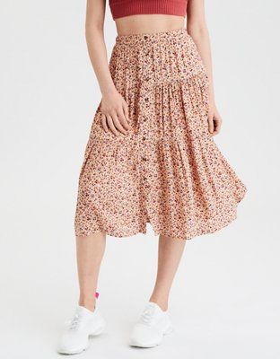 AE High-Waisted Button Front Midi Skirt | American Eagle Outfitters (US & CA)