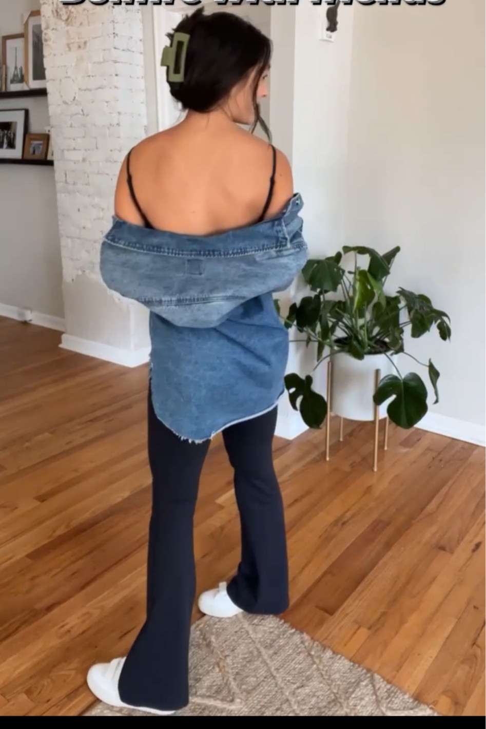 Casual fall outfit. Black bodysuit. Flair leg yoga pants. Denim shacket. Jean shacket. Claw clip. Veja sneakers. White shoes. 

#LTKunder50 #LTKunder100 #LTKstyletip