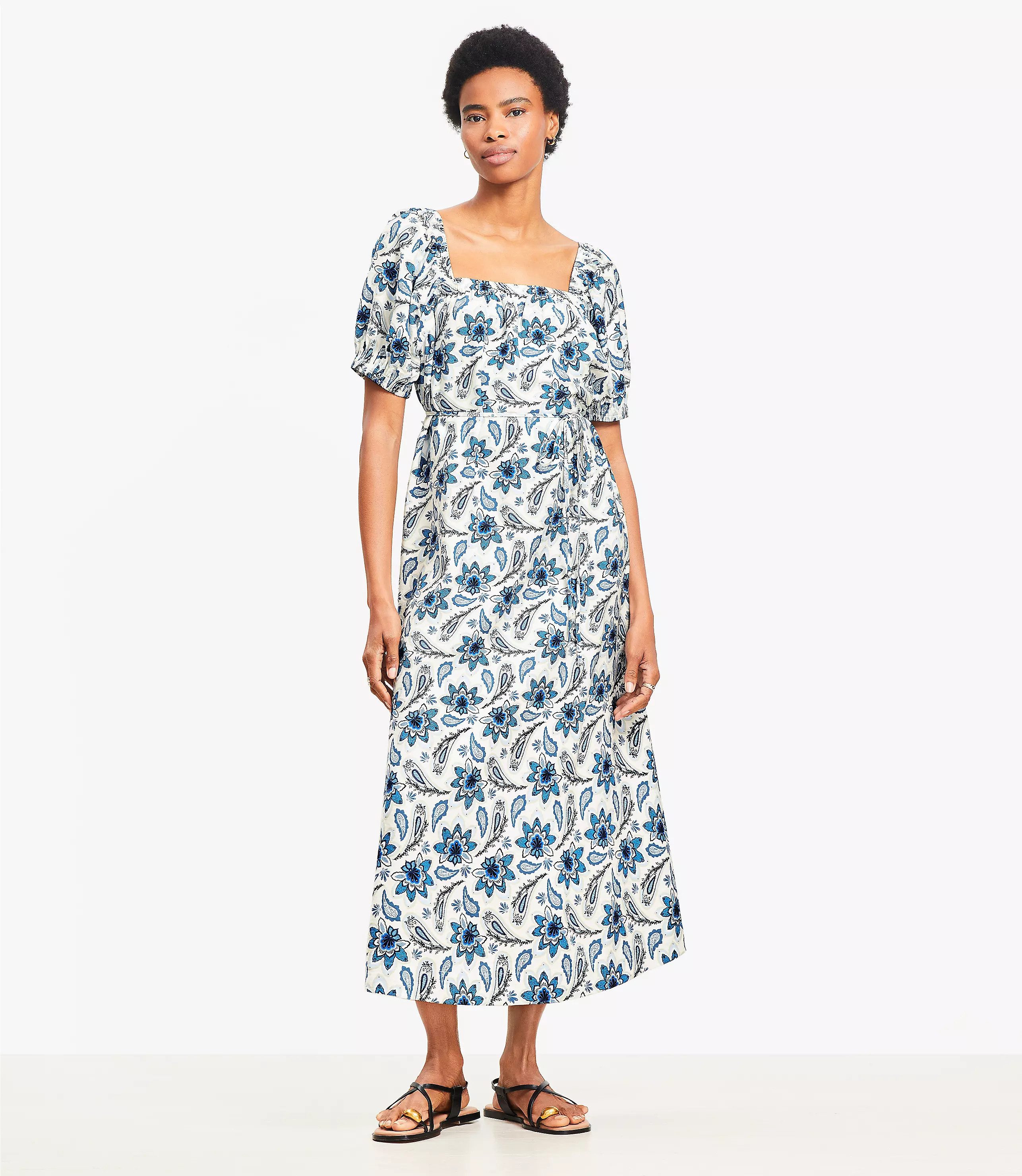 Petite Paisley Smocked Square Neck Midi Dress | LOFT