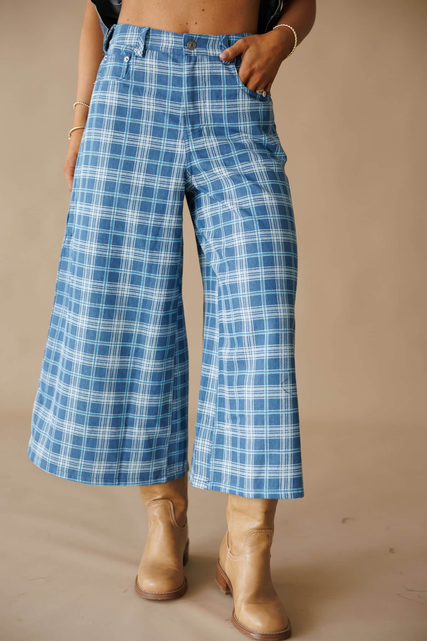Plaid Denim Cropped Wide Leg Pants | Lane 201 Boutique