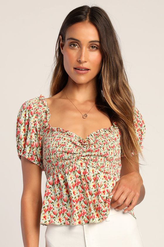 Such A Flirt Sage Floral Smocked Peplum Short Sleeve Top | Lulus (US)