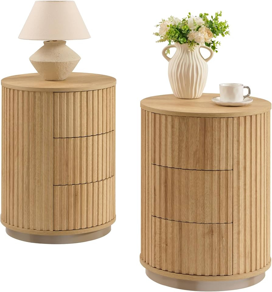 JXQTLINGMU Fluted Nightstand Set of 2 with 3 Push-to-Open Drawers, 24" Tall Round Side Table, Mod... | Amazon (US)