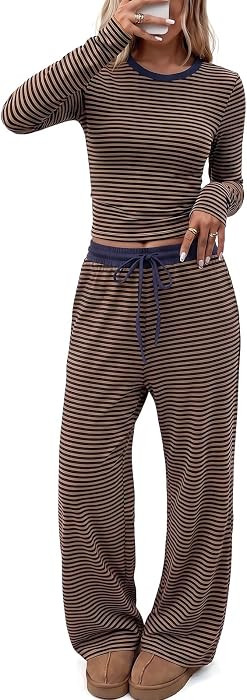 EXLURA Women Cotton Fall 2 Piece Stripe Crop Top Matching Wide Leg Pant Set | Amazon (US)