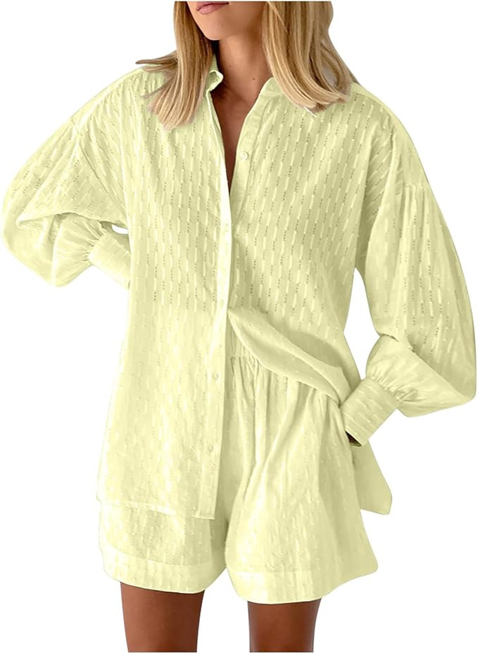 Women's 2 Piece Jacquard Sets Summer Casual Long Sleeve Button Down Lapel Shirts High Waisted Sho... | Amazon (US)