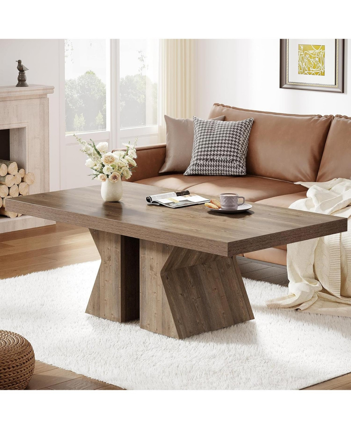 Tribesigns 47" Rectangular Coffee Table with Wooden Base - Brown | Macy's