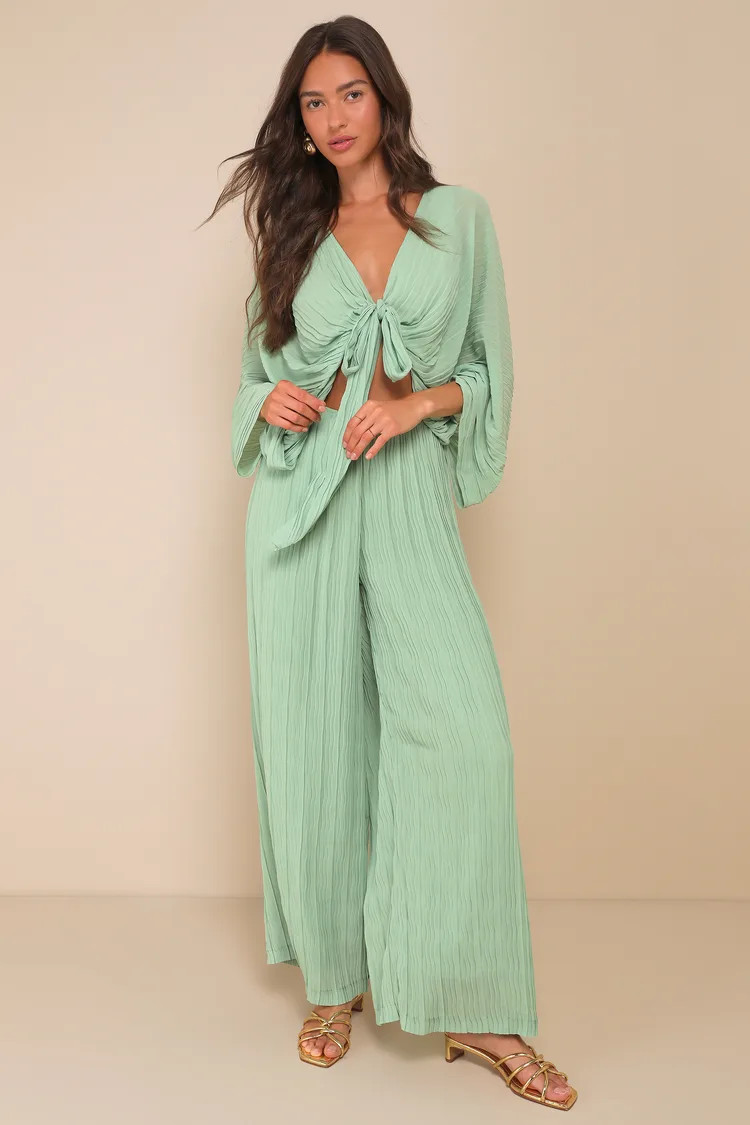 Pristine Presence Sage Plisse High-Waisted Wide-Leg Pants | Lulus