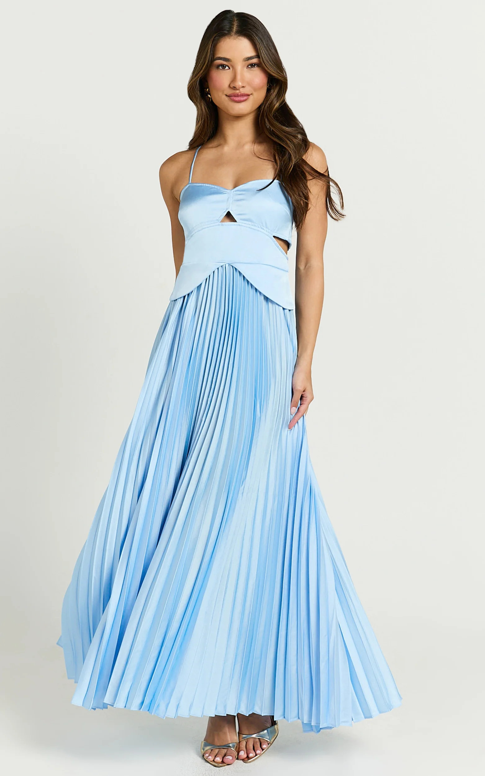 Shay Maxi Dress - Sweetheart Cut Out Pleated Dress in Blue | Showpo (US, UK & Europe)