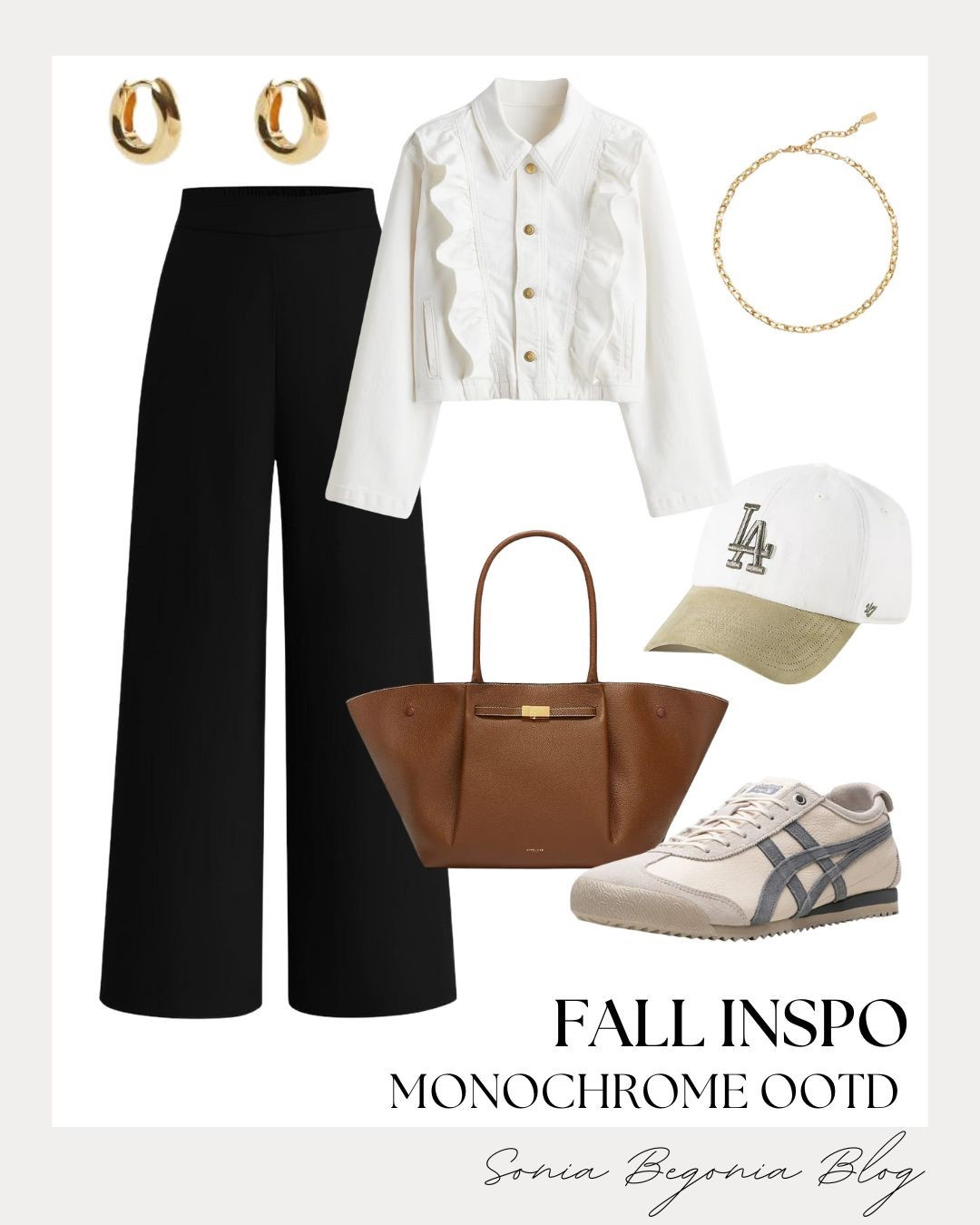FALL INSPO | Monochrome OOTD 🤍🖤
Chic, cozy, and casual — this monochrome look is perfect for fall days out or coffee runs.
Pairing wide-leg trousers with a structured white jacket keeps it classy, while the LA cap and sneakers add that effortless, sporty vibe.
Topped off with gold jewelry and a brown tote for the perfect autumn finish. 🍁

⸻

#FallOutfitInspo #MonochromeOOTD #FallFashion #ChicStyle #MinimalistOutfit #StreetStyle #CasualChic #OOTDInspo #FallStyleGuide #NeutralOutfit #FallCapsuleWardrobe #FashionInspo #OutfitIdeas #SoniaBegoniaBlog #ClassicStyle #EverydayStyle #FallLookbook #CoffeeRunOutfit #TrendyStyle #WardrobeGoals #MinimalChic #OOTDFall #EffortlessStyle #StyleInspo

#LTKStyleTip #LTKootd #LTKSeasonal