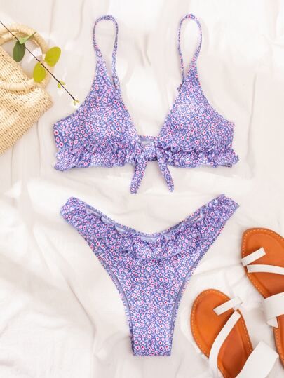 Ditsy Floral Ruffle Trim Triangle Bikini Swimsuit | SHEIN