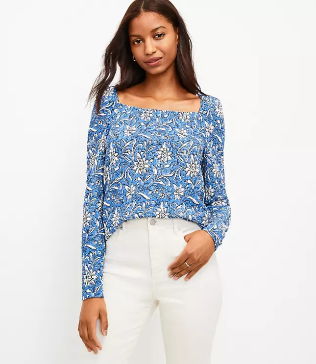 Floral Smocked Square Neck Top | LOFT