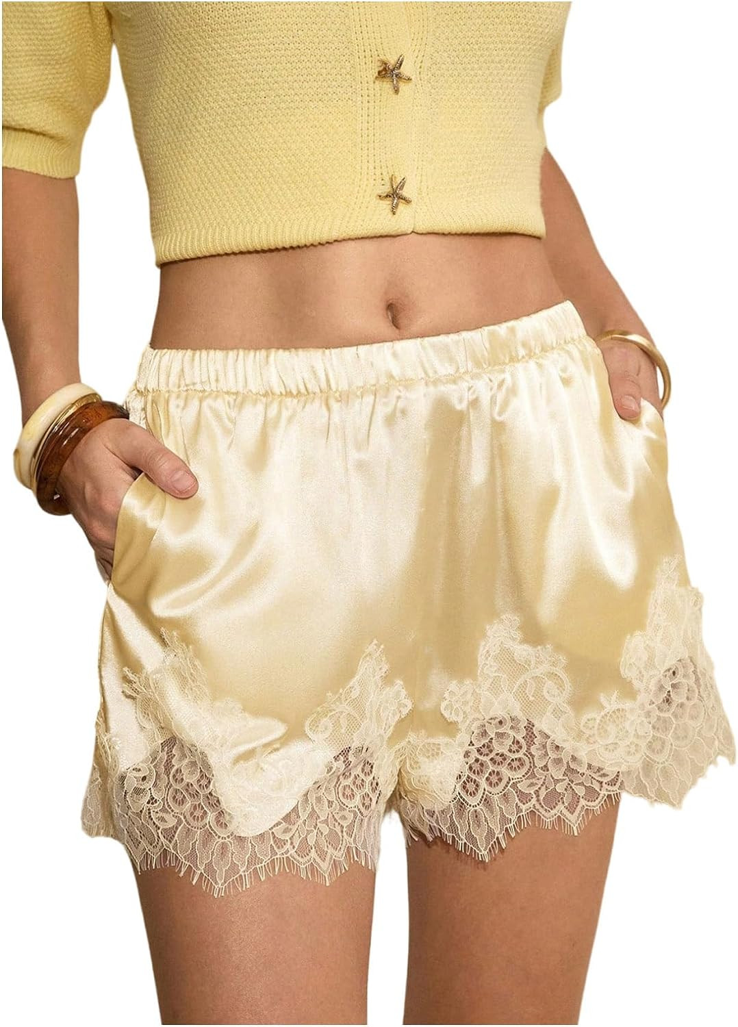 MakeMeChic Women's Lace Shorts Fall Silk Satin Shorts with Lace Trim | Amazon (US)