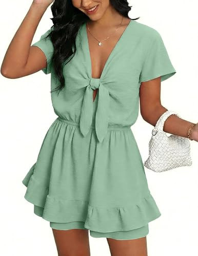 Angashion Women's Summer Shorts Romper: Short Sleeves V Neck Tie Front Jumpsuit Layer Ruffle Hem Romper Dress with Pockets Sage Green Medium | Amazon (US)