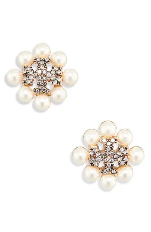 Tory Burch Kira Imitation Pearl Stud Earrings in Tory Gold /Pearl /Crystal at Nordstrom | Nordstrom