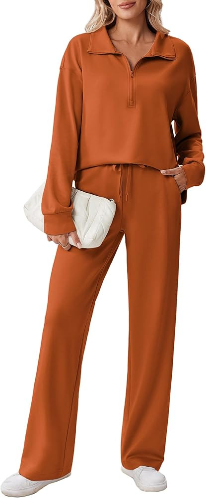 PINSPARK 2 Piece Sets for Women 1/2 Zip Sweatsuit Loose Fit Sweatshirt Straight Leg Pants 2025 Ma... | Amazon (US)