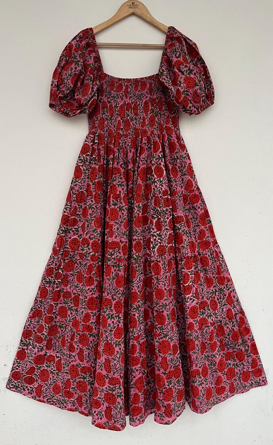 Red and Pink Printed Long Maxi - Puff Sleeve Maxi Dress - Shirred Floral Dress - Etsy | Etsy (US)