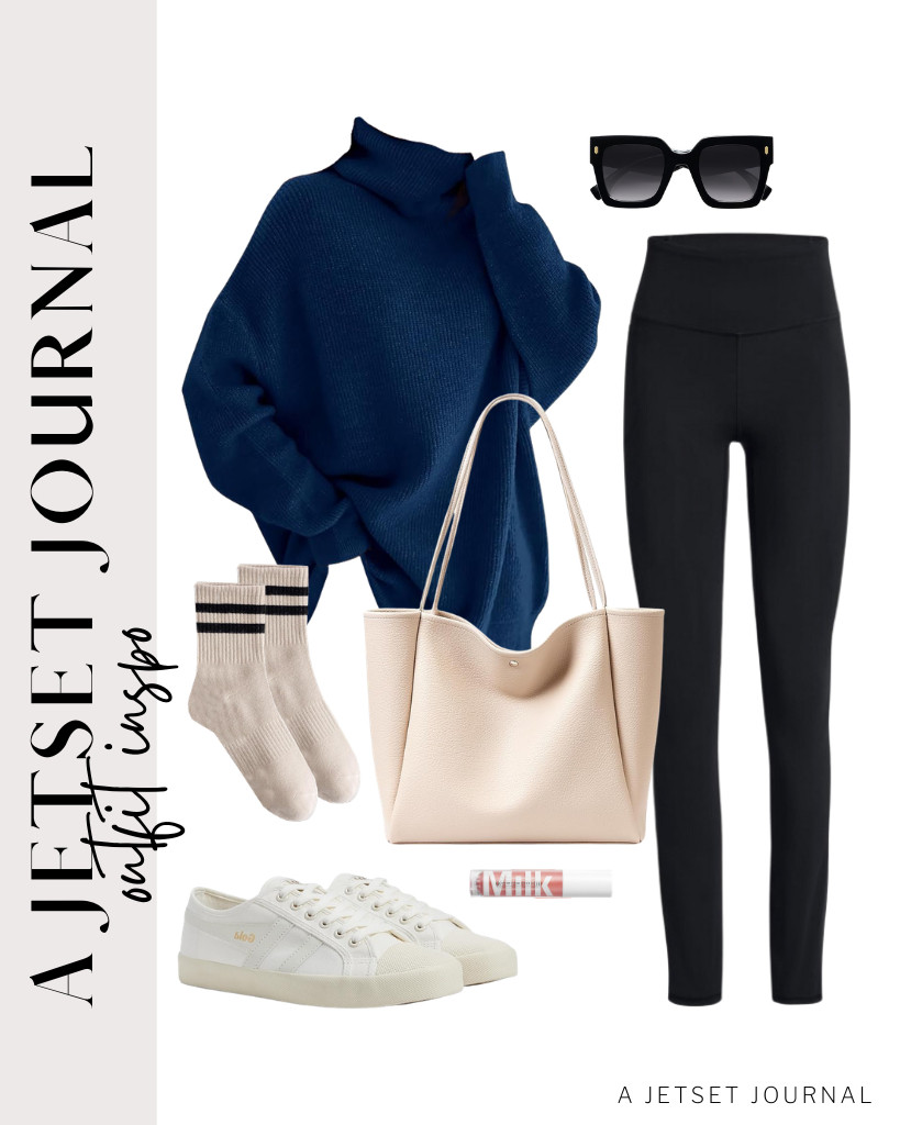 Our final outfit features a navy blue sweater, comfortable black leggings, and Gola sneakers. For added coziness, pair it with striped crew socks like these. This outfit is perfect for running daily errands or traveling. 

 #LTKSeasonal #LTKTravel