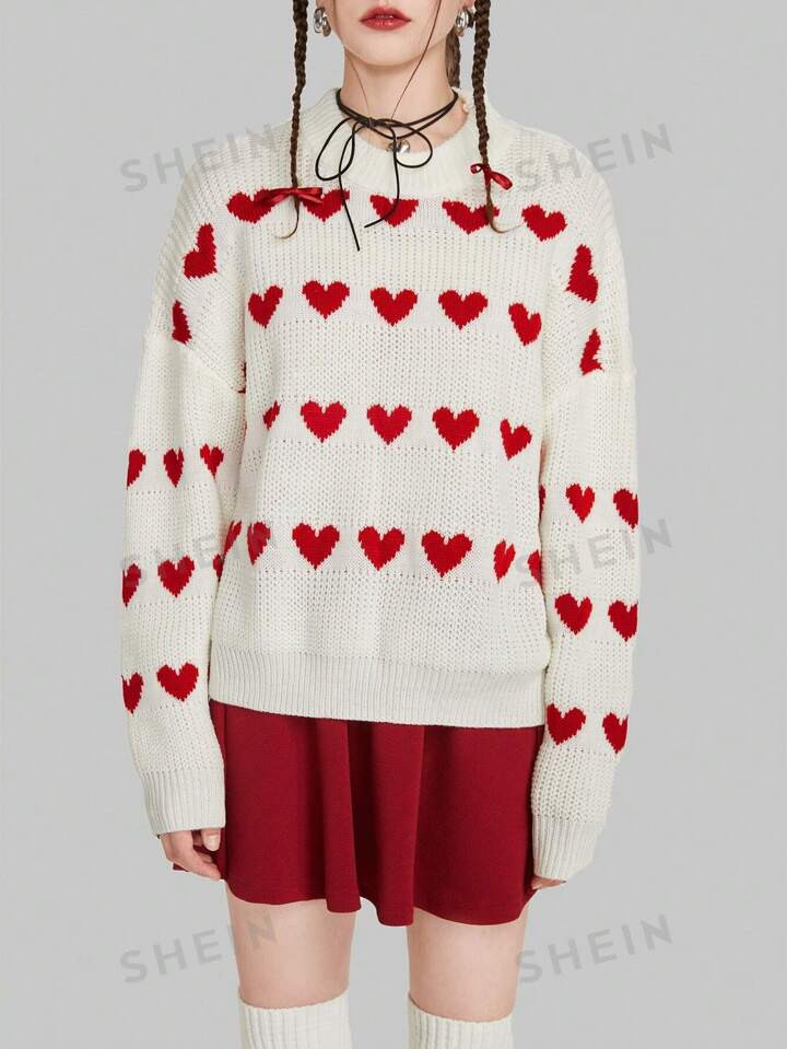 ROMWE Kawaii Heart Pattern Drop Shoulder Sweater | SHEIN